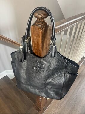 Tory Burch Black Pebbled Leather Tote with Tassel Charm